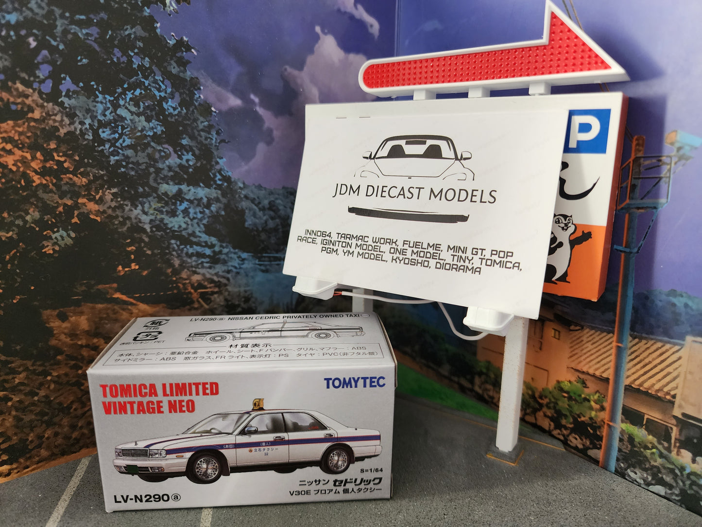 Tomica Limited Vintage Neo LV-N290a Nissan Cedric Privately Owned Taxi White with Blue Stripe