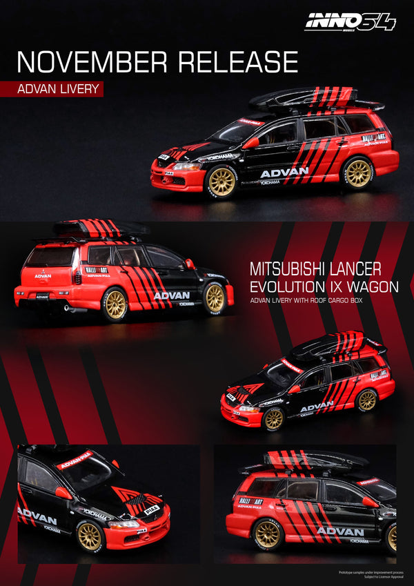 Inno64 Mitsubishi Lancer Evolution IX Wagon "ADVAN" Livery With Race Car Interior and Roof Cargo Box IN64-EVO9W-ADRB