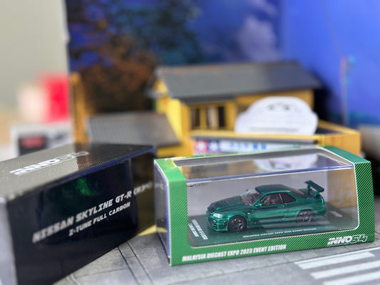 Inno64 Nissan Skyline GT-R R34 Z-Tune Full Green Carbon 2023 Malaysia Diecast Expo - *CHASE*