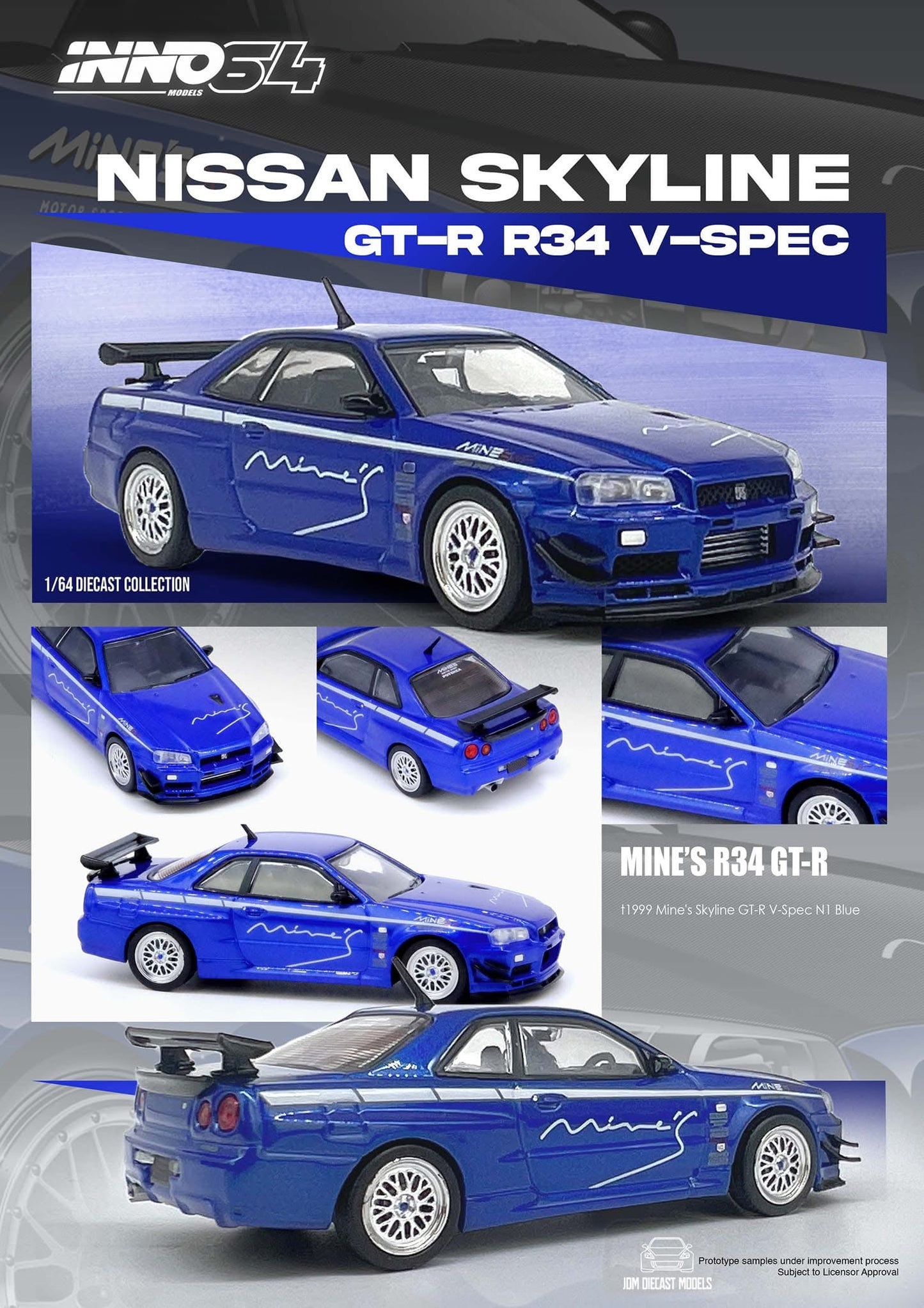 Inno64 Nissan Skyline GT-R (R34) V-SPEC Tuned by "MINE'S" Blue IN64-R34VS-MINES-BL