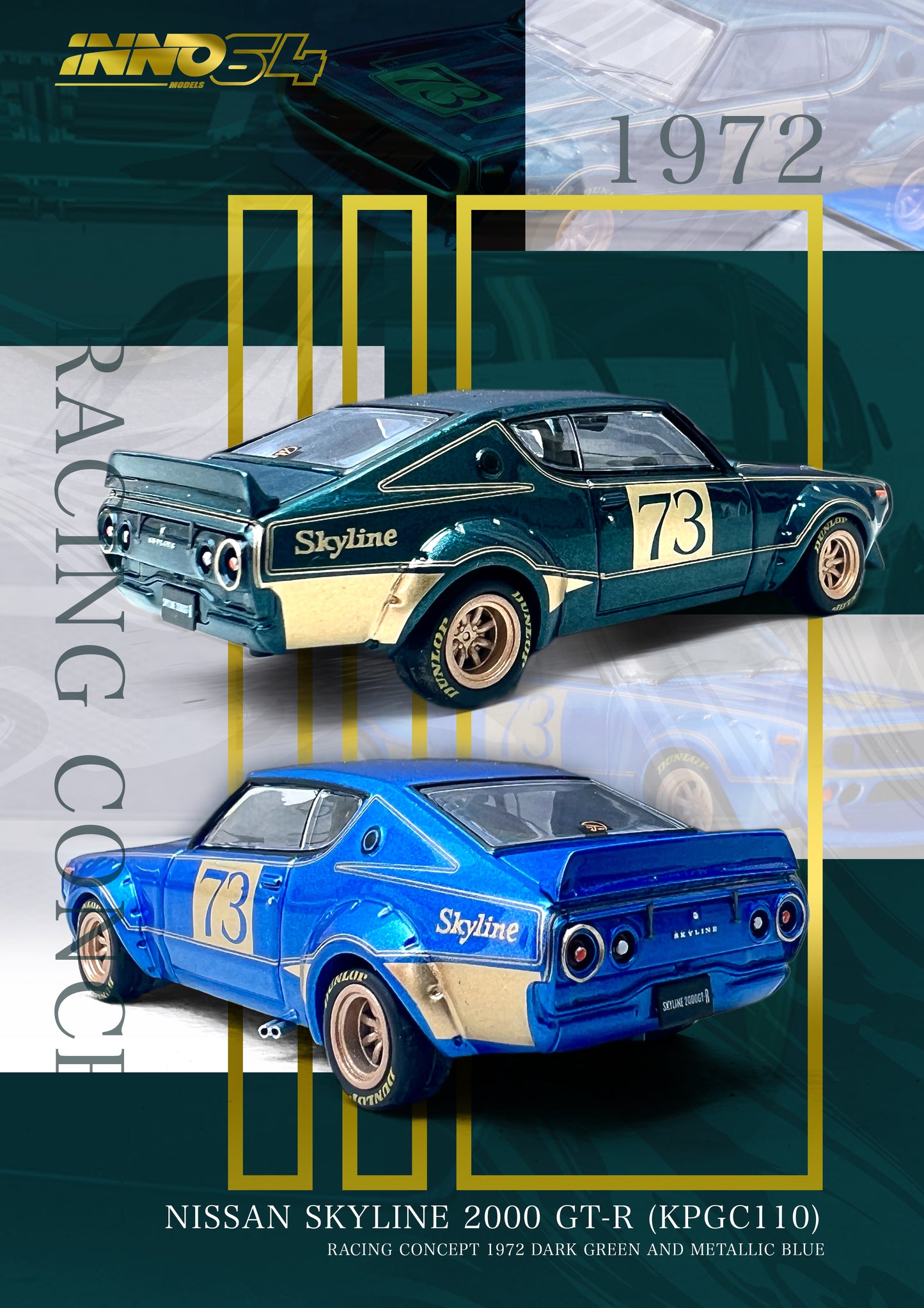 INNO 1/64 Die-cast NISSAN SKYLINE 2000 GT-R (KPGC110) Racing Concept Blue IN64-KPGC110RC-BLU