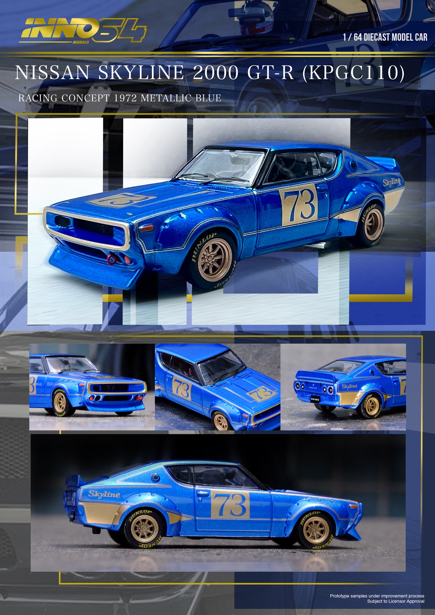 INNO 1/64 Die-cast NISSAN SKYLINE 2000 GT-R (KPGC110) Racing Concept Blue