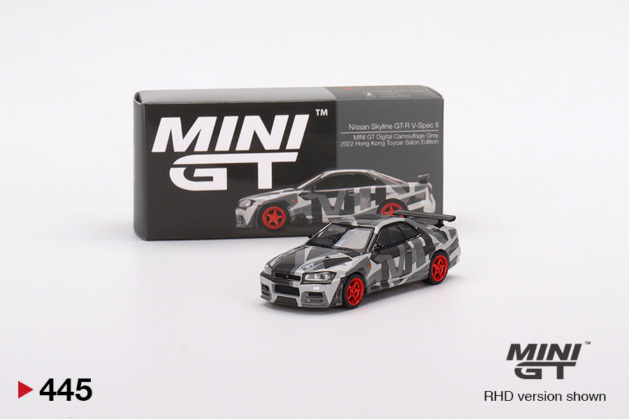 Mini GT Nissan Skyline GT-R (R34) V-Spec II Digital Camouflage Grey 2022 Hong Kong Toycar Salon Edition