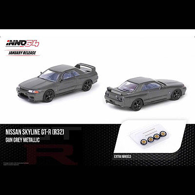 Inno64 Nissan Skyline GTR R32 - Gun Grey Metallic w Extra Wheels