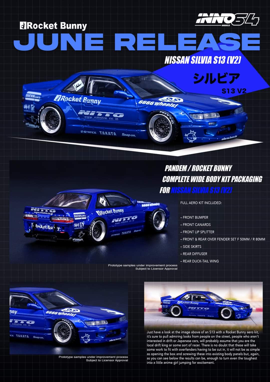 Inno64 Nissan Silvia S13 V2 Pandem/ Rocket Bunny Blue Metallic