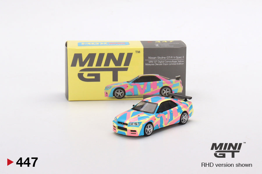 Mini GT Nissan Skyline GT-R (R34)V-Spec ll MiniGT Digital Camouflage Yellow MDX Malaysia Expo Special Edition MGT00447