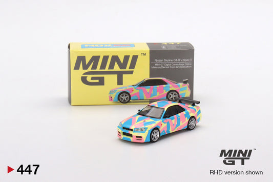 Mini GT Nissan Skyline GT-R (R34)V-Spec ll MiniGT Digital Camouflage Yellow MDX Malaysia Expo Special Edition MGT00447