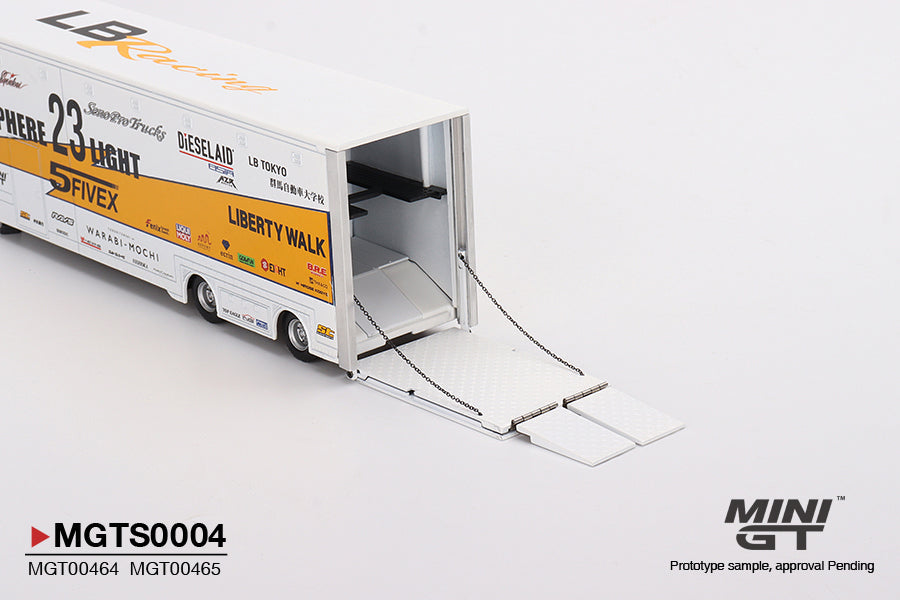 Mini GT Mercedes-Benz Actros with Racing Transporter "LB Racing" Set with LB-Super Silhouette Nissan S15 SILVIA Presentation MGTS0004