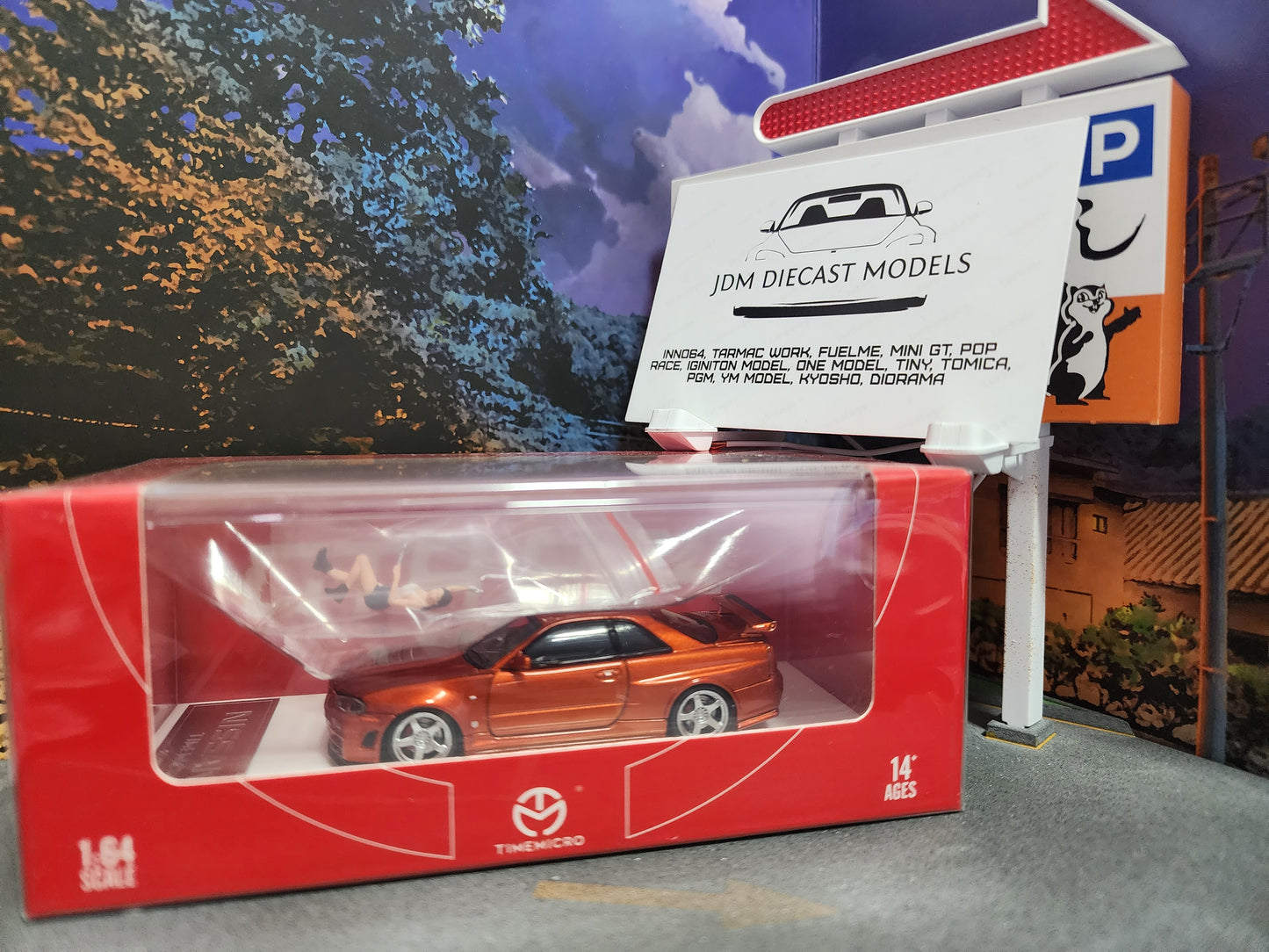 TimeMicro Skyline GT-R R34 Orange with Open Bonnet & Figure