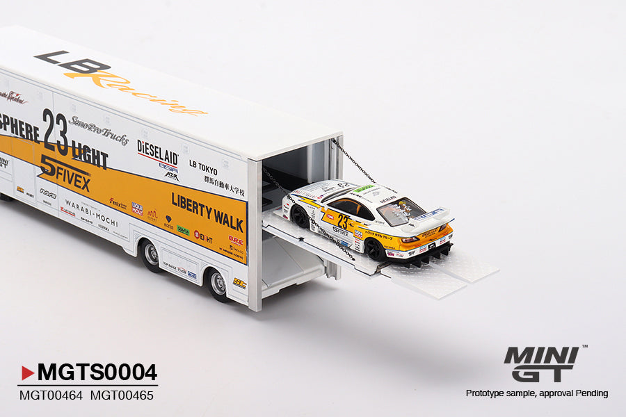 Mini GT Mercedes-Benz Actros with Racing Transporter "LB Racing" Set with LB-Super Silhouette Nissan S15 SILVIA Presentation MGTS0004