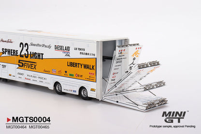 Mini GT Mercedes-Benz Actros with Racing Transporter "LB Racing" Set with LB-Super Silhouette Nissan S15 SILVIA Presentation MGTS0004
