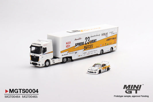 Mini GT Mercedes-Benz Actros with Racing Transporter "LB Racing" Set with LB-Super Silhouette Nissan S15 SILVIA Presentation MGTS0004