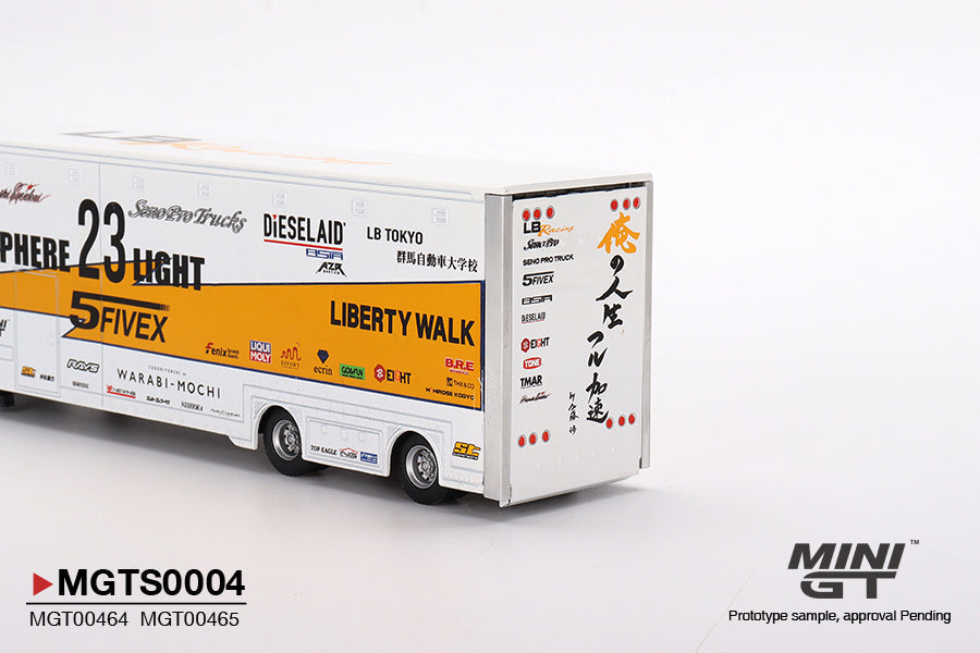 Mini GT Mercedes-Benz Actros with Racing Transporter 
