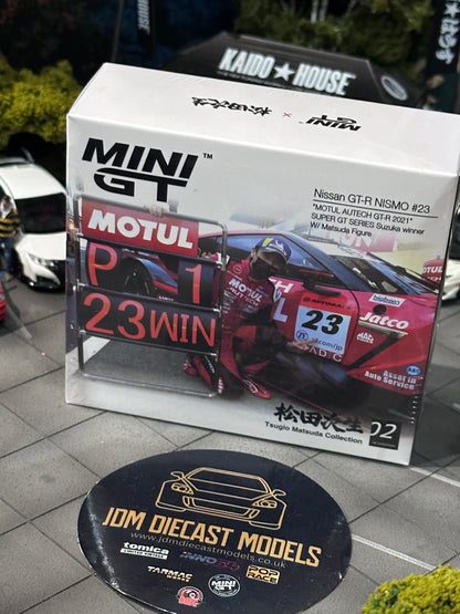 Mini GT Nissan GT-R NISMO #23 "MOTUL AUTECH GT-R 2021" SUPER GT SERIES Suzuka winner W/ Matsuda Figure Tsugio Matsuda Collection No.2 MGT00875