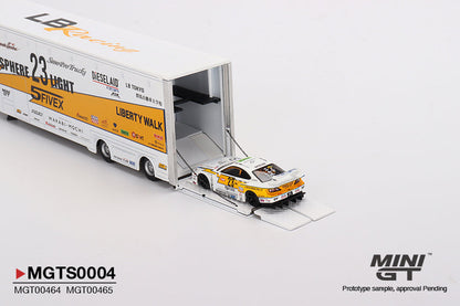 Mini GT Mercedes-Benz Actros with Racing Transporter "LB Racing" Set with LB-Super Silhouette Nissan S15 SILVIA Presentation MGTS0004