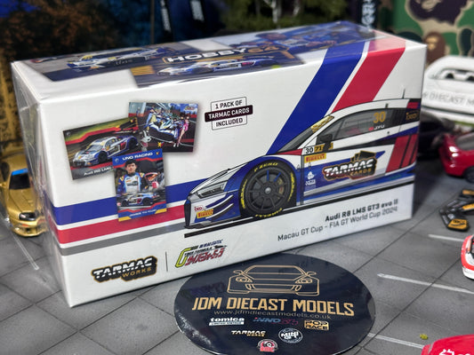Tarmac Works Audi R8 LMS GT3 evo II Macau GT Cup - FIA GT World Cup 2024 Uno Racing #30 with Tarmac Cards Combo Set and Truck Packaging