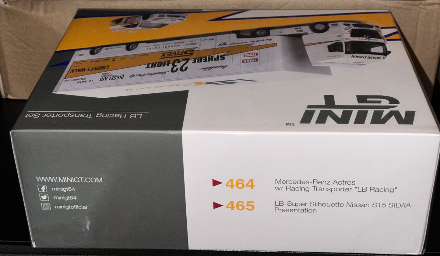 Mini GT Mercedes-Benz Actros with Racing Transporter "LB Racing" Set with LB-Super Silhouette Nissan S15 SILVIA Presentation MGTS0004