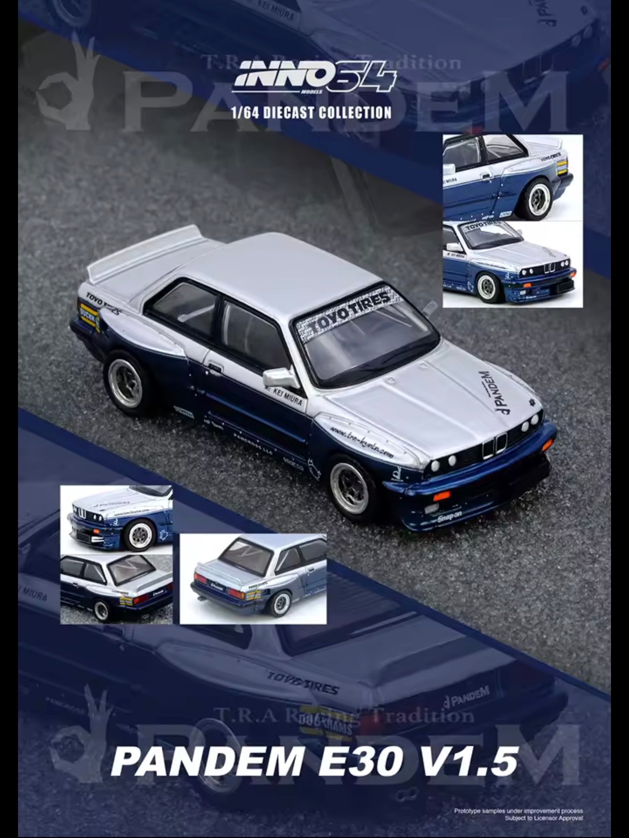 Inno64 Pandem E30 M3 Blue Silver Rocket Bunny Toyo Tyres Kei Miura IN64-E30P-SILBLU
