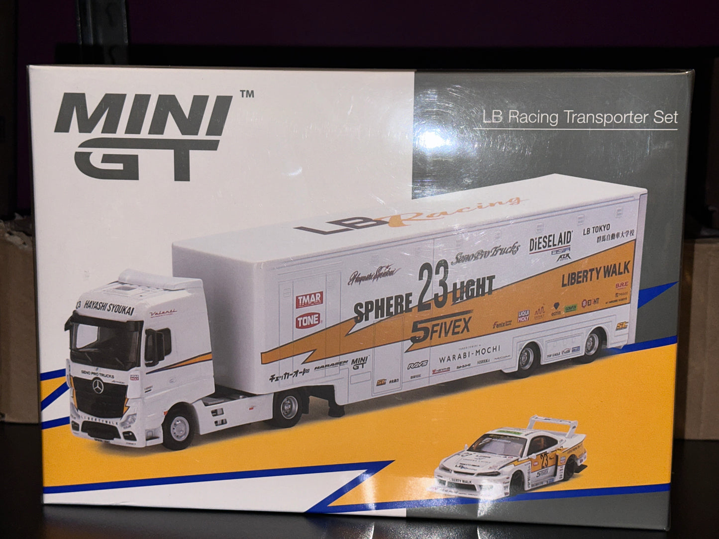 Mini GT Mercedes-Benz Actros with Racing Transporter "LB Racing" Set with LB-Super Silhouette Nissan S15 SILVIA Presentation MGTS0004