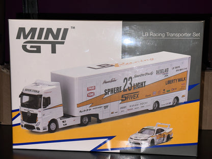 Mini GT Mercedes-Benz Actros with Racing Transporter "LB Racing" Set with LB-Super Silhouette Nissan S15 SILVIA Presentation MGTS0004