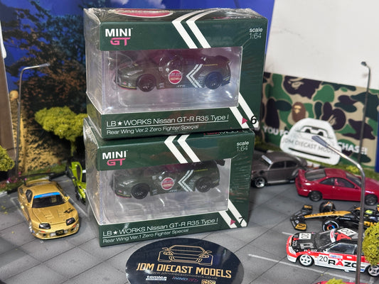 MiniGT LB Works Nissan GT-R R35 Type I Rear Wing Ver.2 Zero Fighter Hong Kong Special MGT00006-R & MGT00007 Set