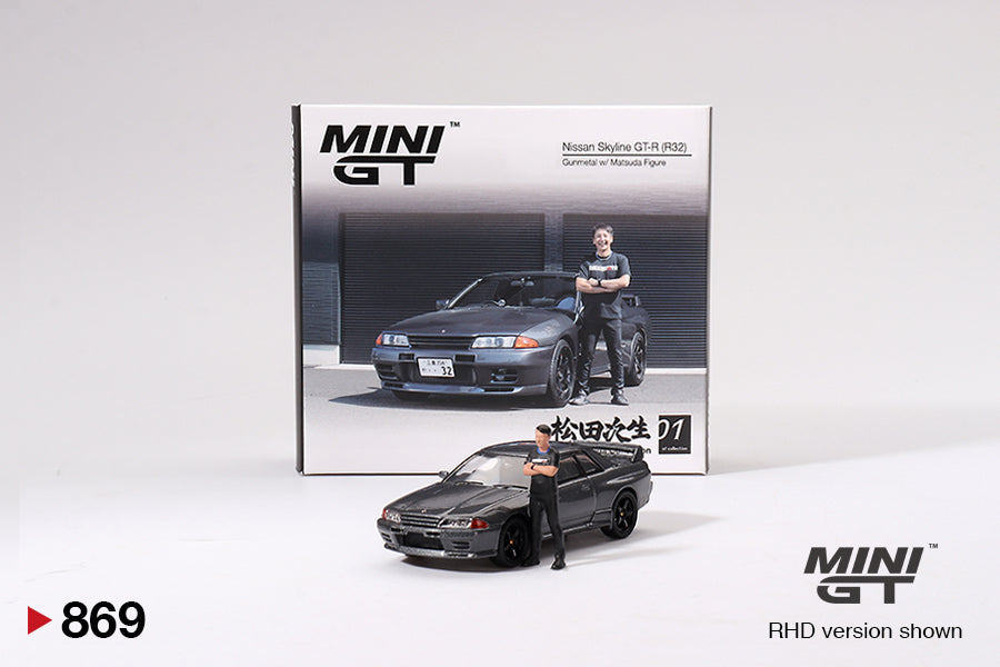 Mini GT Nissan Skyline GT-R (R32) with Matsuda Figure Tsugio Matsuda Collection (Gunmetal) MGT00869