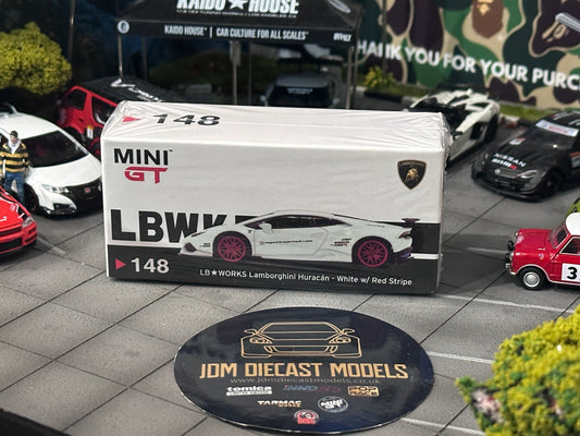Mini GT LB★WORKS Lamborghini Huracán ver. 1 White w/ Red Stripe MGT00148