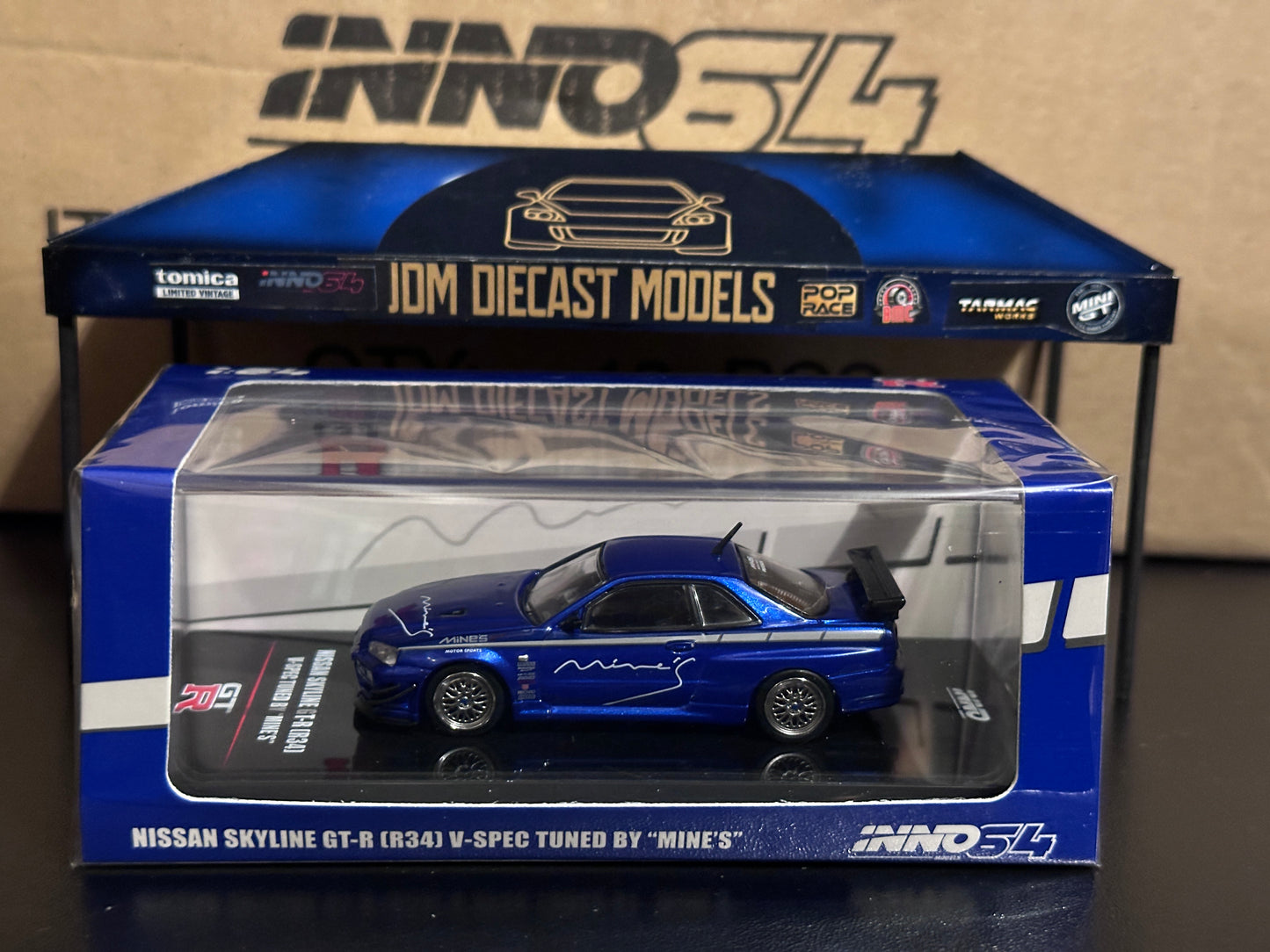 Inno64 Nissan Skyline GT-R (R34) V-SPEC Tuned by "MINE'S" Blue IN64-R34VS-MINES-BL