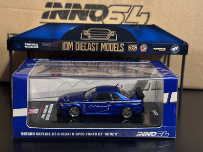 Inno64 Nissan Skyline GT-R (R34) V-SPEC Tuned by "MINE'S" Blue IN64-R34VS-MINES-BL