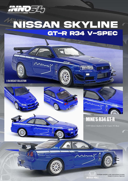 Inno64 Nissan Skyline GT-R (R34) V-SPEC Tuned by "MINE'S" Blue IN64-R34VS-MINES-BL