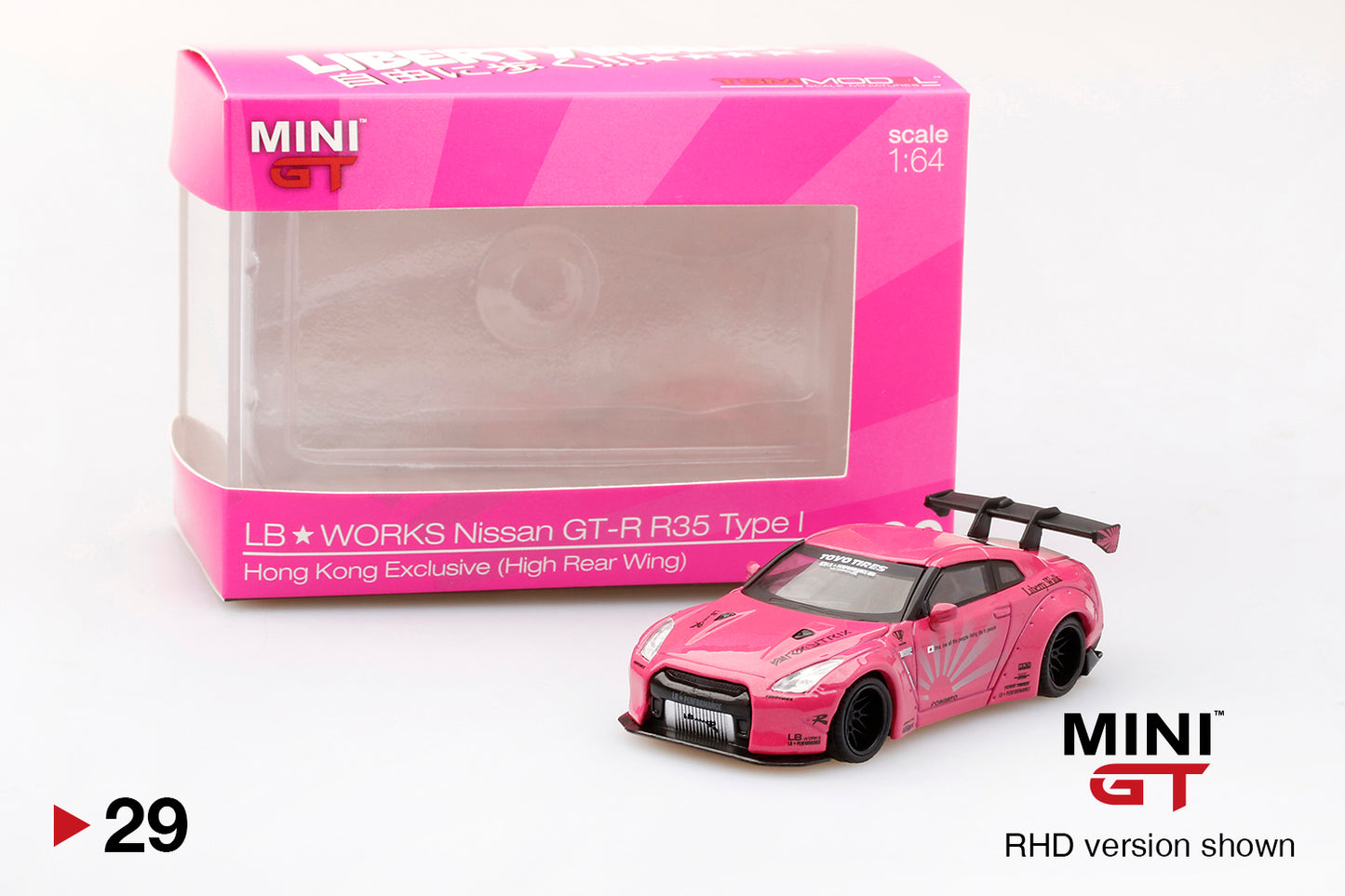 Mini GT LB★WORKS Nissan GT-R (R35) Pink AEON Type 1, Rear Wing Ver 1 Hong Kong Version MGT00029-AEON