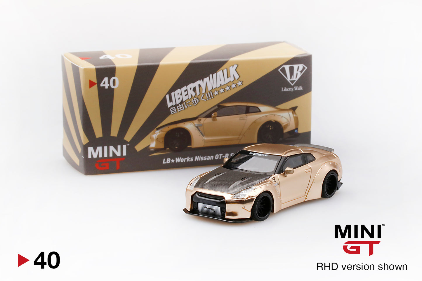 Mini GT LB★WORKS Nissan GT-R (R35) Satin Gold w/ Carbon Type 1, Rear Wing Ver 2 Japan Special Edition