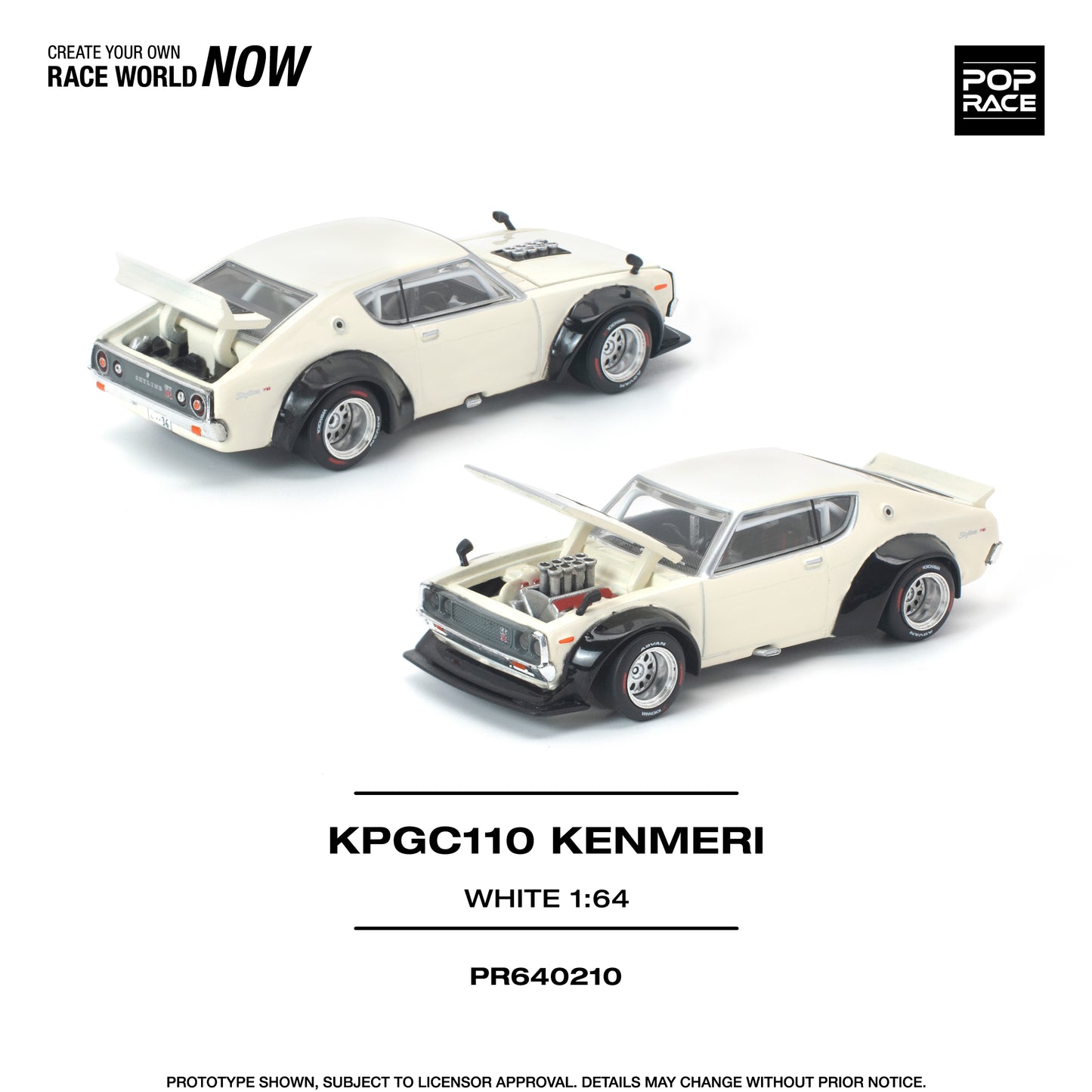 Preorder PopRace 1/64 PR640210 KPGC110 Nissan Kenmeri White