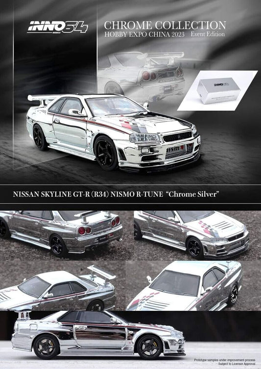 Inno64 Nissan Skyline GT-R R34 Nismo R-Tune Hobby Expo China 2023 Event Edition Silver Chrome IN64-R34RT-SCH